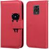 Ailisi Cover per Redmi Note 9 Pro, Red Flip Cover Cartoon Cute Cat Custodia Protettiva Caso Libro in Pelle PU con Portafoglio, Funzione Supporto - Gatto, Rosso Scuro