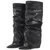 Ceciloroda Fold Over Stivali Slouch Block Heels Dressy Stivali al Ginocchio per donne Shark Stivali Appuntito Wide Calf Pull on Pleated Fall Scarpe Black Size 37