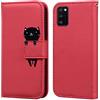 Ailisi Cover per Galaxy A41, Red Flip Cover Cartoon Cute Cat Custodia Protettiva Caso Libro in Pelle PU con Portafoglio, Funzione Supporto, Chiusura Magnetica - Gatto, Rosso Scuro