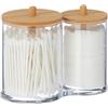 Relaxdays Porta Cotton Fioc, Bagno, Dispenser per Dischetti di Cotone, Plastica, Coperchi in bambù, Naturale Trasparente