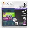 Uniross 8 Batterie Stilo AA Ricaricabili con Cavo USB-C 4in1 1,5V 1400mAh/2400mWh Pile Litio HR6 Stilo +1000 Cicli di Ricarica Uniross Alta Qualità e Lunga Durata per Telecomandi Mouse Tastiere