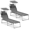 SONGMICS Set da 2 Sedie a Sdraio Pieghevoli, 189 x 53 x 28,5 cm, con Cusicni, Lettini Prendisole, Portata 110 kg Ciascuno, Parasole e Schienale Regolabili, per Terrazza e Balcone, Grigio GCB292GZ02