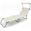 Baroni Home Sedia a Sdraio Pieghevole Reclinabile con Parasole Regolabile 360° e Cuscino Removibile, Lettino Prendisole in Metallo con Tessuto Idrorepellente, Portata 110 Kg, 186x55x24 cm Panna