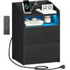 Hzuaneri Comodino, 2 Cassetti, Luce LED, Presa Elettrica, Nero