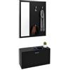 Baroni Home Mobile Ingresso Nero con Scarpiera, Appendiabiti a Muro 4 Ganci e Specchio, Panca Porta Scarpe, Set Modulare Salvaspazio, 27x80x147cm
