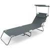 Baroni Home Sedia a Sdraio Pieghevole Reclinabile con Parasole Regolabile 360° e Cuscino Removibile, Lettino Prendisole in Metallo con Tessuto Idrorepellente, Portata 110 Kg, 186x55x24 cm Grigio