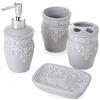 Baroni Home Montemaggi Baroni Home Set in Ceramica Accessori da Bagno, Include Dispenser, Portaspazzolino, Bicchiere e Portasapone, Bassorilievo Set 4 Pezzi, Grigio Chiaro
