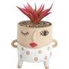 Baroni Home Vaso in Ceramica di Design con Volto, Vaso con Pianta Artificiale Inclusa, Soprammobile Moderno Dipinto a Mano, Statuetta da Interno o Esterno 19x15x17 cm - Girl Vestito Bianco
