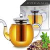 Creano Teiera in Vetro 1,5 Litro con Filtro Acciaio Inossidabile Integrato e Copercio Vetro - Antigoccia Elegante Teiera Trasparente per Tè Sfusi Infusi Regalo Perfetto - 3 pezzi