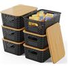Shrivee Set di 6 5L Scatole portaoggetti di Plastica con Bambù Coperchio Impilabili Salvaspazio Storage Cestini per Bagno Cucina Armadio Ufficio