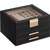 SONGMICS GISELLA Collezione - Scatola Portagioie con Coperchio in Vetro, 3 Livelli, Porta Gioielli con 2 Cassetti, Moderno, Idea Regalo, Nero Inchiostro e Dorato, 20,3 x 23,1 x 13,5 cm JBC239B03V1