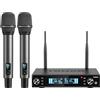 TONOR Sistema Microfono Wireless, Microfono Ricaricabile Professionale, Microfono Dinamico Cordless in Metallo 2x100 UHF per Karaoke, Chiesa, Canto, Matrimonio, Riunione, DJ, Auto Scan, 80 M,TW550