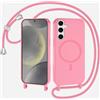 xinyunew Magnetica Cover con Cordino per Samsung Galaxy S24 Plus/S25 Plus,[Compatibile con MagSafe], Cover in Silicone, Regolabile Cordino da Collo Nylon Catena Collana Tracolla,rosa