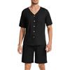 Wikoan Pigiama da Uomo Set Estivo a Due Pezzi Set Pigiama in Cotone Cardigan con Pantaloncini,Nero,M