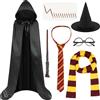 AUYAO Costume di Wizard, Set di 7 Costumi da Mago con Mantello Occhiali Sciarpa Cravatta Bacchetta Magica Cappello Vestire, Kit Cosplay Mago Magico per Bambini Adulto, per Halloween Carnevale Feste