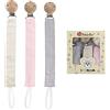 Ruby 3PCS Kit Catenella Portaciuccio Tessuto Porta Neonato, Cotone Catenella con Clip Ciuccio Legno Faggio Naturale, Catena Ciuccio Set (Rosa-3)