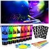 AOOWU Trucchi Neon, 8 Colori Trucchi Fluo Pittura di Corpo con Stencil e Pennelli, Color Body Paint UV Face Paint Kit Colori per Pancia, Set Truccabimbi per Halloween, Festa, Carnevale