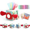 WOODEN TEETHER Baby Tissue Box Toy Mesi Montessori Sensorial Giocattolo, Promuove Le capacità sensoriali e motorie, con specchi, Colori, Trame, Suoni, Ragazzi e Ragazze (Animali marini)