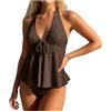 Generico Set Tankini Halter Costume Bagno Volant Due Pezzi Controllo Pancia Bottom Bikini con Pizzo Taglia Plus (caffè-a, L)