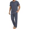 Demegimi Pigiama Uomo Estivo 2 Pezzi Pigiami Maglia Manica Corta e Pantaloni Lunghi Cotone Leggero e Traspirante Loungewear con Tasche per Casa e Relax