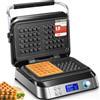 FOHERE Piastra per Waffle Belga 1600 W, Smart Doppia Waffle pro con Display LED, 5 Programmi Diversi, 7 Temperatura Regolabile, Macchina per Waffle Elettrica Antiaderente (D'argento)