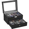 SONGMICS Porta Orologi, Scatola Portaorologi a 2 Livelli, Coperchio in Vetro, con Cuscinetti Rimovibili, Idea Regalo, Superficie in PU Nera, Interno Grigio JWB020