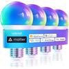 Linkind Matter Smart RGBTW Lampadine,Lampada E27 Compatibile con Siri,Alexa, Google Home, SmartThings, 9W(Equivalenti a 60 W), Dimmerabile 1800K-6500K Lampadine Multicolore A60, Pacco da 4