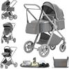 GLOKID Passeggino 3 pezzi, passeggino, passeggino 3 in 1, passeggino pieghevole, pneumatici in gomma, con accessori, Gondola, Adaptateurs, 25 kg，Grigio