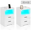 TUKAILAI Comodino con funzione di ricarica LED, set da 2 comodini in legno Nightstand con 2 cassetti, comodino per camera da letto, moderno comò, bianco lucido, 40 x 35 x 65 cm