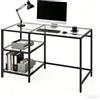 RELAX4LIFE Scrivania in Vetro Temperato, Scrivania per Computer con 2 Ripiani Aperti e Struttura in Metallo, Tavolo Consolle Moderno per Soggiorno, Ufficio e Studio, 106 x 51 x 77,5 cm (Nero)