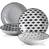 vancasso Haruka Set 4 Pezzi Servizio da Tavola Porcellana, Set di Piatti Fondi Piatti Piatto, Piatti da Dessert Insalata Pasta Pizza Tondo Colore Verde Nera Bianca per 4 Persone