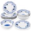 KORAT Servizio Piatti Melamina 15 Pezzi, Set Tavola 6 Persone con Piatti Piani, Piatti Fondi e Insalatiere, Lavabile in Lavastoviglie, Decoro Floreale Blu, Made in Italy