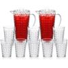 UNIQUE HOME LIVING Brocca in acrilico trasparente da 2 litri con coperchio, senza BPA, 2 brocche per succhi con 8 tazze set per tè freddo, limonata, cocktail, bevande fredde per frigorifero, design