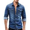 Celanisai, camicia da uomo in denim, a maniche lunghe, stile reverse, con bottone, in stile retrò, sfilacciato, lavato, vintage, classico, streetwear, morbido, comodo, tinta unita, top, O blu scuro, M
