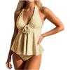Generico Set Tankini Halter Costume Bagno Volant Due Pezzi Controllo Pancia Bottom Bikini con Pizzo Taglia Plus (Giallo-a, XL)