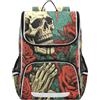 Linnyio Teschio Rose Rosso Verde Artistico Zaino Scolastico Borsa Ad Alta Capacità per Ragazze e Ragazzi