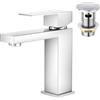 Faustina Rubinetto per Lavabo da Bagno e Piletta Pop Up con Troppopieno, Miscelatore Monocomando per Bagno Quadrato, cromato lucida