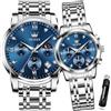 OLEVS Coppia di orologi al quarzo per coppie, con calendario luminoso, datario, 3 ATM, impermeabili, casual, in acciaio inox, per uomini e donne, amanti del matrimonio, regali romantici, set di 2