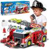 deAO Camion Pompieri 7 Veicoli, Scala Allungabile Spruzza Acqua 3+ Anni | Camion dei Vigili del Fuoco con Luci e Suoni, Caserma Pompieri 2 in 1 con Garage, 1 Grande + 6 Mini Veicoli, Regalo per Bambi