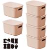 CNKHDZ Set da 6 contenitori con coperchio, contenitori impilabili con coperchio, contenitori in plastica per scaffali, cucina e bagno (Rosa, 25.5 * 18 * 15.4cm)
