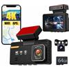Inefala 4K Dashcam Auto Anteriore Posteriore con WiFi GPS, Dual Dash Cam 4K+1080P, Telecamera Auto con Scheda SD 64 GB Monitoraggio Parcheggio Visione Notturna Grandangolo Sensore G APP Controllo