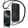 Kueqeay Cover con Cordino per iPhone 16 Pro Max 6,9", Aesthetic Leopardata Motivo Nero Custodia con Laccio Tracolla Cordoncino Morbida TPU Silicone AntiGraffio Antiurto Bumper Protettiva Case, 01