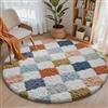 HUGEAR Tappeto Rotondo 150cm Multicolore Bianco Moderno | Pelo Lungo, a Quadri, Morbido, Antiscivolo, Rotondo, Camera da Letto, Cucina, Sala, Scendiletto, Esterno, Bambina, Bambini