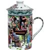 GMMH Tazza da tè in ceramica con coperchio + colino per tè sfuso, con motivo asiatico (ragazza al tavolo, 045), tazza cinese giapponese per gli amanti del tè, set regalo per caffè asiatico