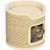 PawHut Albero Tiragraffi per Gatti Alto 37cm a 2 Livelli con Nicchia, Cachi | Torre per Gatti a Cilindro, Corda in Erba Marina e Sisal, Rivestimento in Peluche, Fino a 5 kg