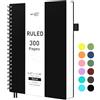 RETTACY A4 Blocco per Appunti, Quaderno, Quaderni a Spirale, 150 Fogli/300 Pagine per Scrivere, 100 G/m² Carta a Righe, Copertina in PVC, 21,5 x 27,9 cm - Nero