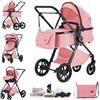 GLOKID Passeggino 3 pezzi, passeggino, passeggino 3 in 1, passeggino pieghevole, pneumatici in gomma, con accessori, Gondola, Adaptateurs, 25 kg，Rosa
