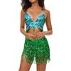 Genérico Vestito da donna latino 2 pezzi per danza del ventre con frange e paillettes top con frange, gonna con paillettes ballerina di samba e rumba, Verde, Taglia unica