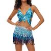 Genérico Vestito da donna latino 2 pezzi per danza del ventre con frange e paillettes top con frange, gonna con paillettes ballerina di samba e rumba, azzurro, Taglia unica