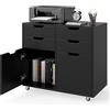 COSTWAY Cassettiera da Ufficio con 4 Cassetti e 2 Ante, Armadietto da Studio in Legno con 5 Ruote Universali, Mobile Porta Stampante Salvaspazio, per Soggiorno, 73 x 40 x 64,5 cm, Bianco (Nero)